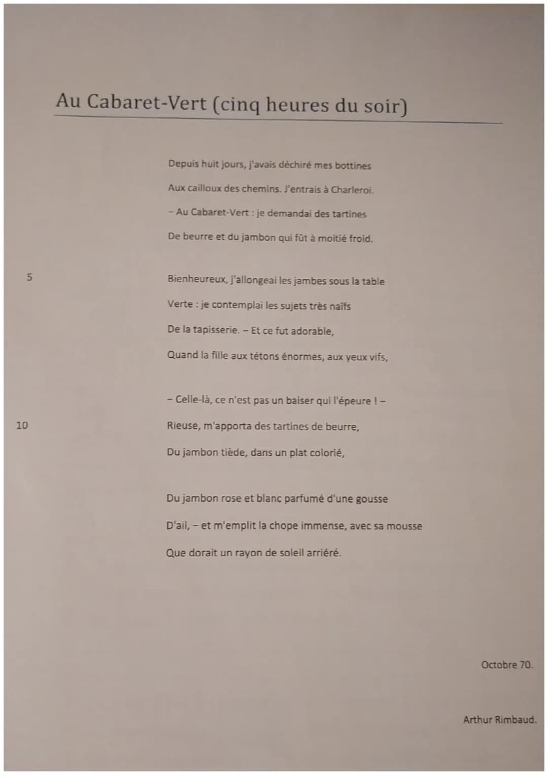 10
Au Cabaret-Vert (cinq heures du soir)
Depuis huit jours, j'avais déchiré mes bottines
Aux cailloux des chemins. J'entrais à Charleroi.
- 