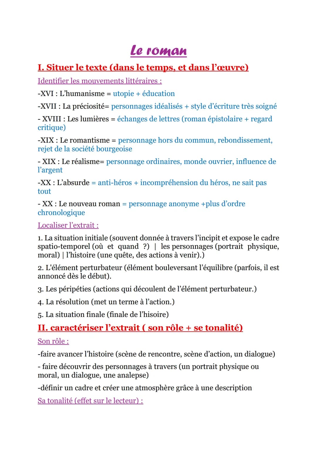 Le roman
I. Situer le texte (dans le temps, et dans l'œuvre)
Identifier les mouvements littéraires :
-XVI: L'humanisme = utopie + éducation

