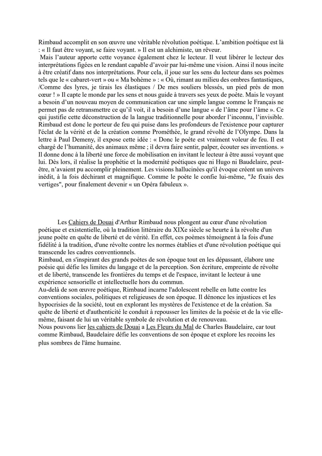 DISSERTATION
"L'homme en Rimbaud est libre" déclare Paul Verlaine lorsqu'il décrit le jeune poète Arthur
Rimbaud. Il souligne ainsi la perso