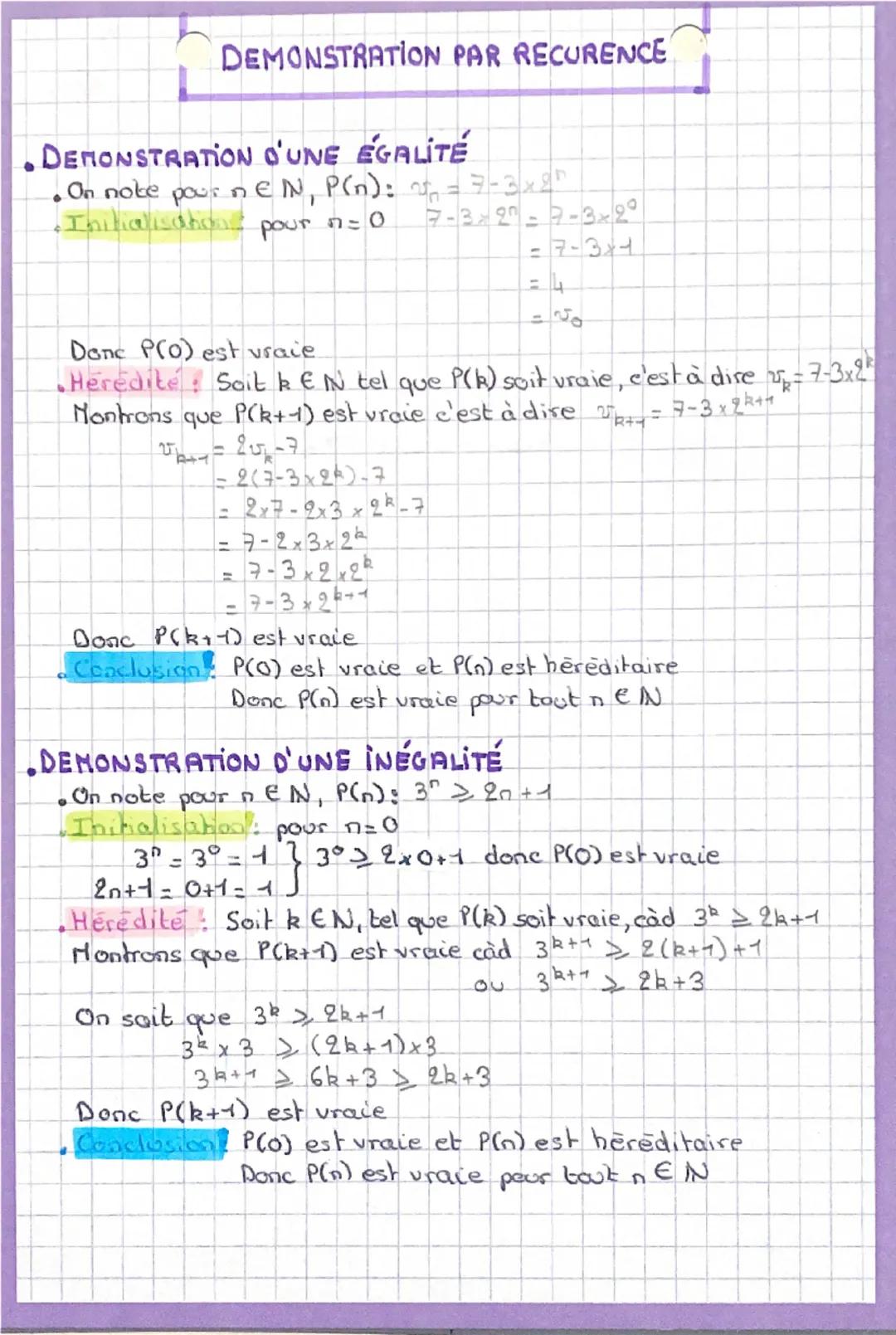 DEMONSTRATION PAR RECURENCE
DEMONSTRATION D'UNE ÉGALITÉ
. On note pour n EN, P(n):
=7-3×2"
•Initialisation pour n = 0
7-329-3× 2°
7-311
=4
D
