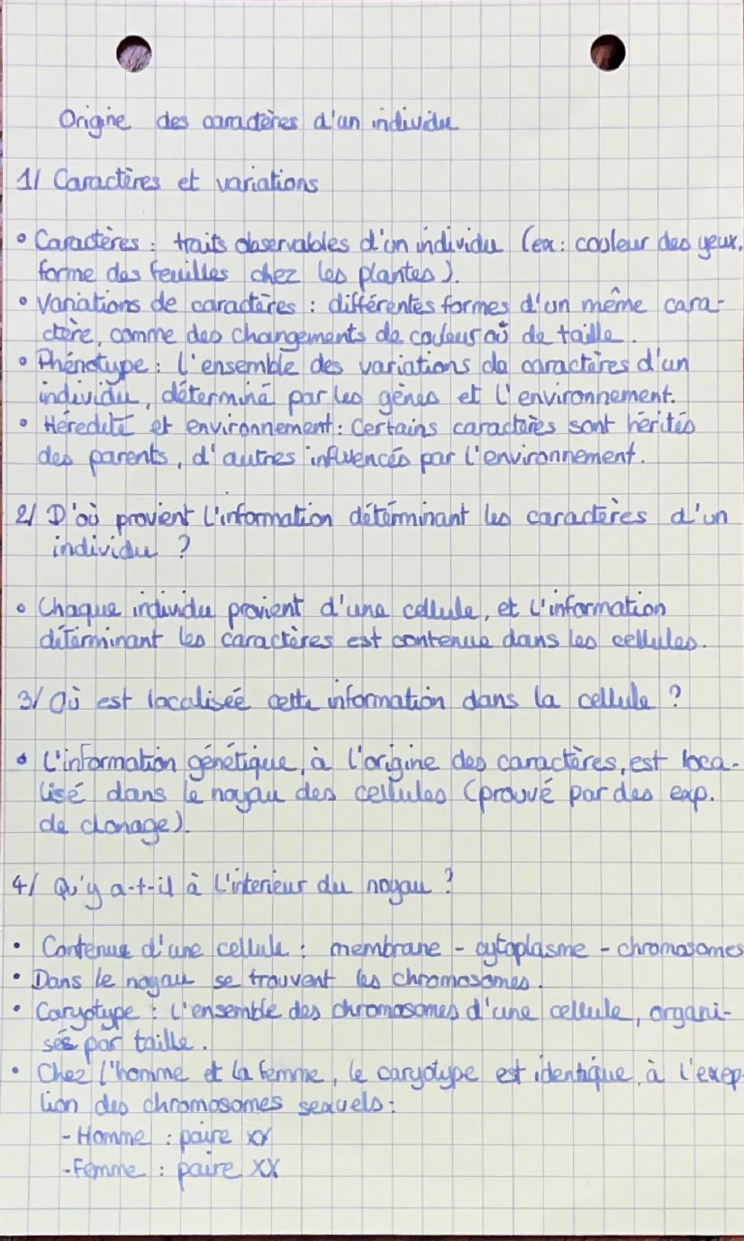 # Origine des caractères d'un individu

1/ Caractères et variations

- Caractères : traits observables d'un individu (ex : couleur des yeux,