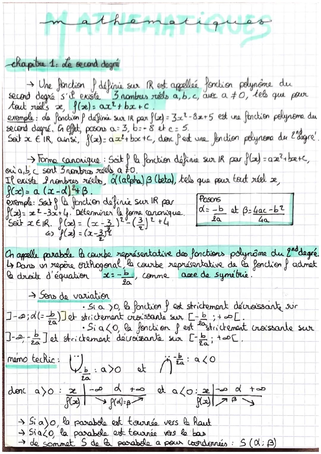 mathematiques
chapitre 1: Le second degré
→ Une fonction of définie sur R est appellée fonction polynome du
second degré s'il existe
3 nombr