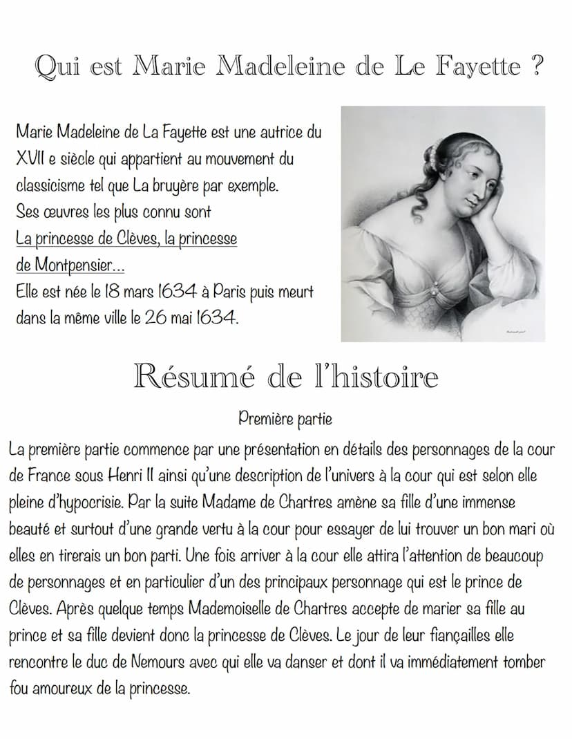 La princesse de Clèves
La princesse de Clèves est un roman écrit par Marie Madeleine de La
Fayette et publié en 1678. Ce roman raconte l'his