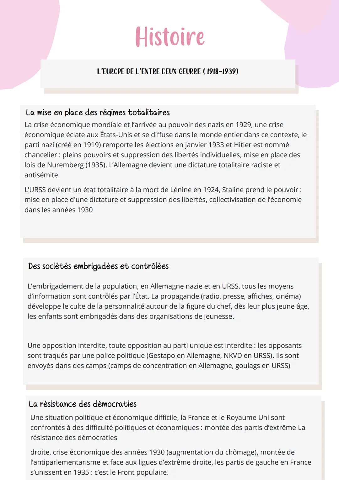 Histoire
L'EUROPE DE L'ENTRE DEUX GEURRE (1918-1939)
La mise en place des régimes totalitaires
La crise économique mondiale et l'arrivée au 