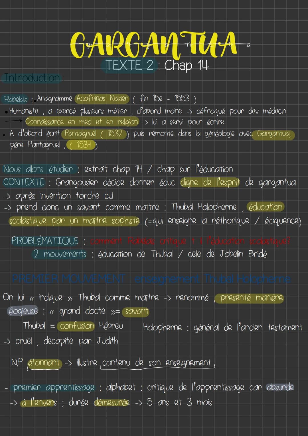 Introduction
GARGANTUA
TEXTE 2 Chap 14
a
1553 )
Rabelais: Anagramme Acofribas Nasier ( fin 15e
• Humaniste
a exercé plusieurs métier, d'abor