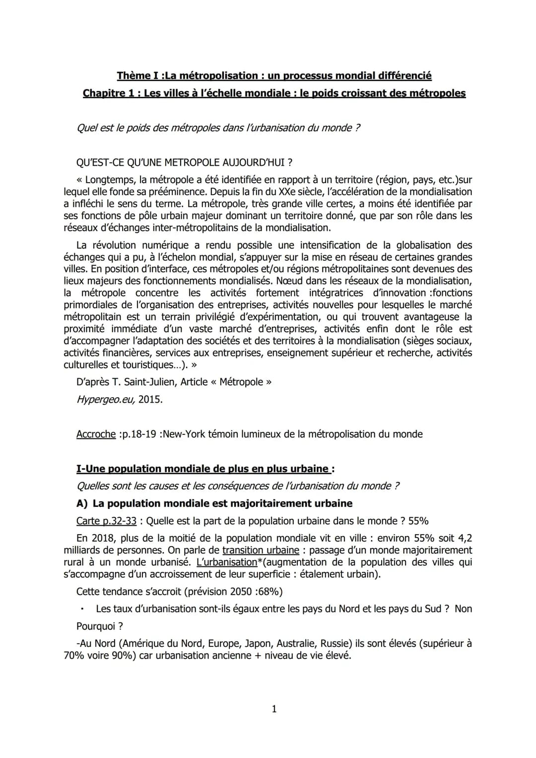 La métropolisation : un processus mondial différencié Chapitre 1 : Les villes à l’échelle mondiale : le poids croissant des métropoles