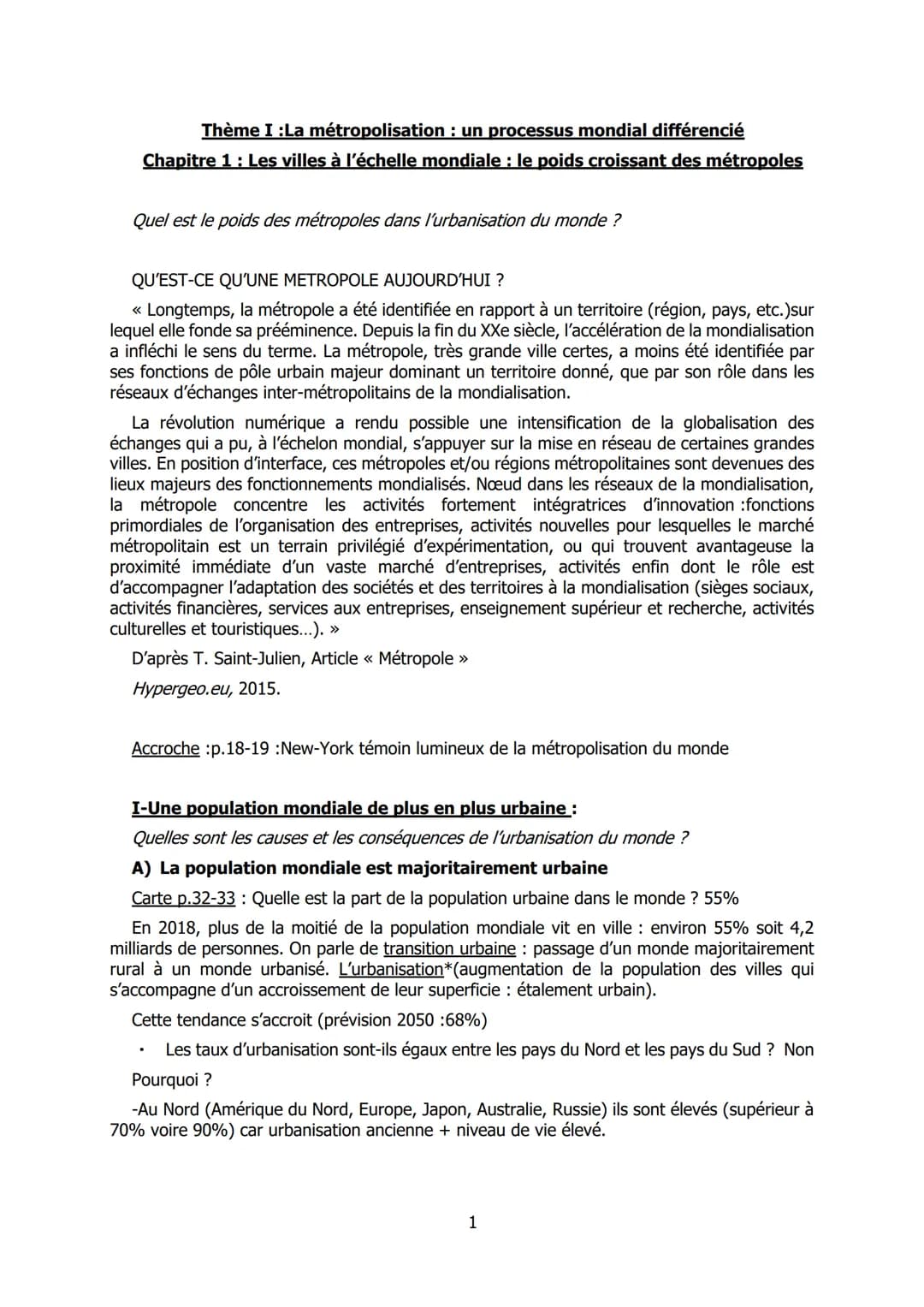 Thème I :La métropolisation : un processus mondial différencié
Chapitre 1 : Les villes à l'échelle mondiale : le poids croissant des métropo