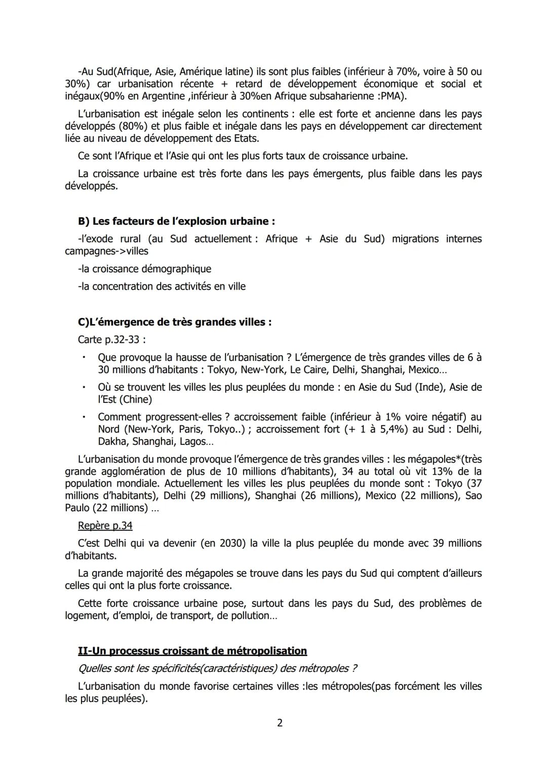 Thème I :La métropolisation : un processus mondial différencié
Chapitre 1 : Les villes à l'échelle mondiale : le poids croissant des métropo