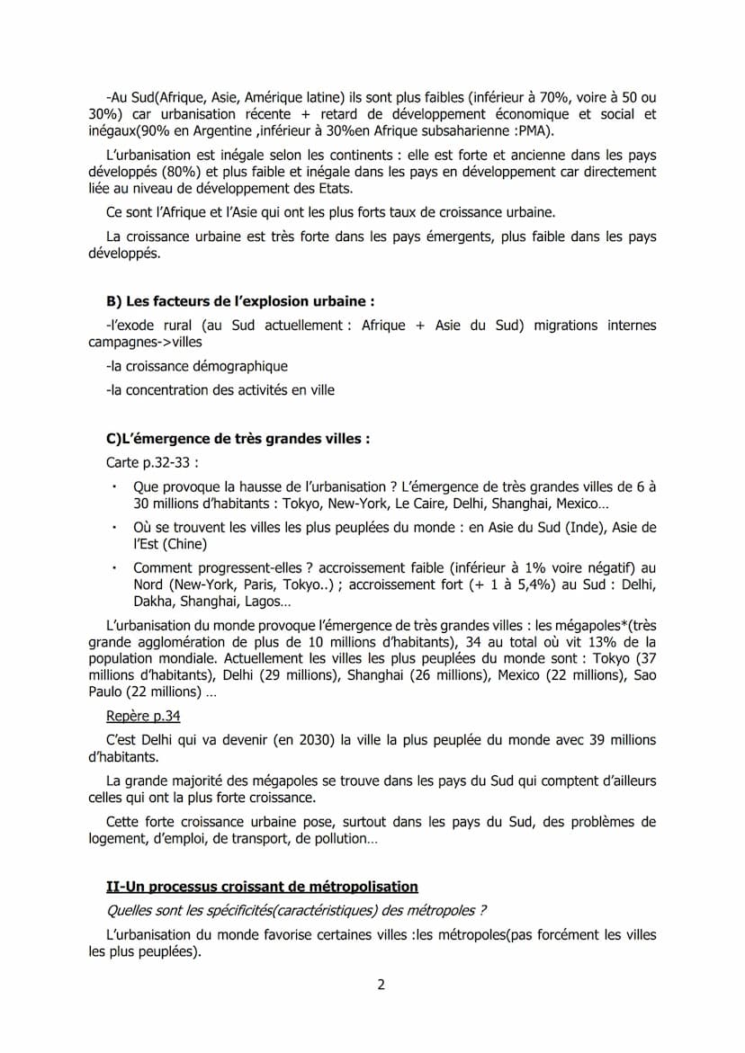 Thème I :La métropolisation : un processus mondial différencié
Chapitre 1 : Les villes à l'échelle mondiale : le poids croissant des métropo