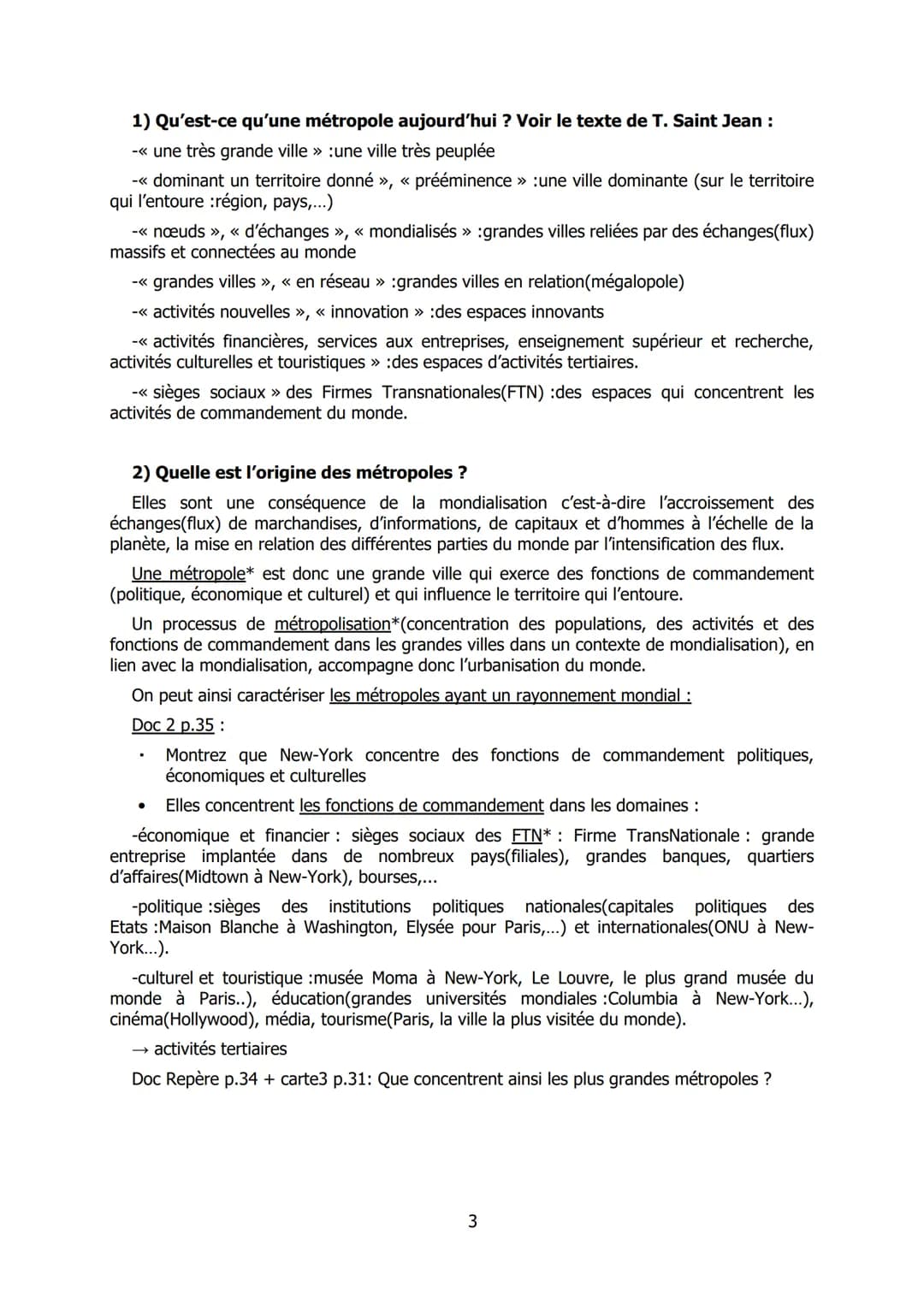 Thème I :La métropolisation : un processus mondial différencié
Chapitre 1 : Les villes à l'échelle mondiale : le poids croissant des métropo
