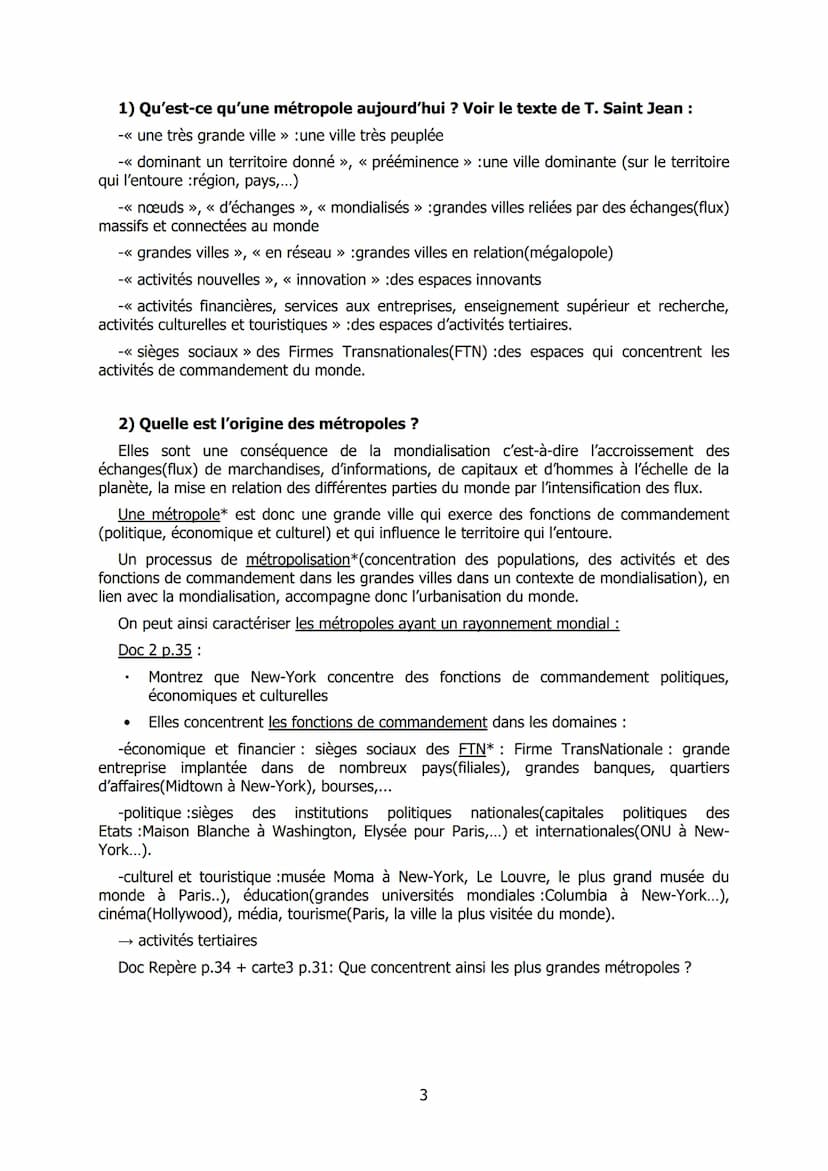 Thème I :La métropolisation : un processus mondial différencié
Chapitre 1 : Les villes à l'échelle mondiale : le poids croissant des métropo