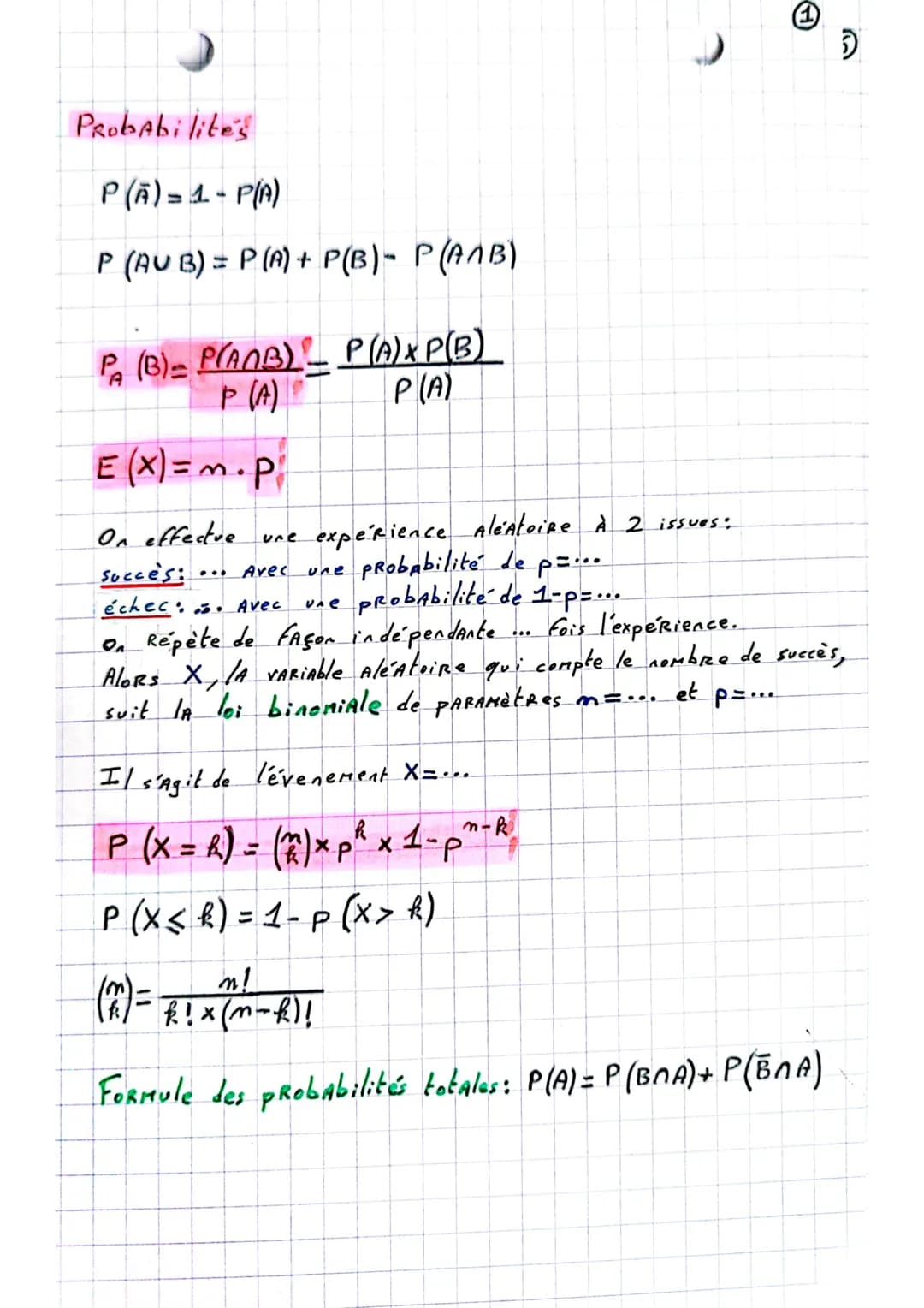 Probabilites
P(A) = 1 - P(A)
P (AUB) = P(A) +
P(B) - P(AMB)
P (B)- P(ANB)
P (A) P
E(x) = m. pi
On effectue une expérience Aléatoire À 2 issu