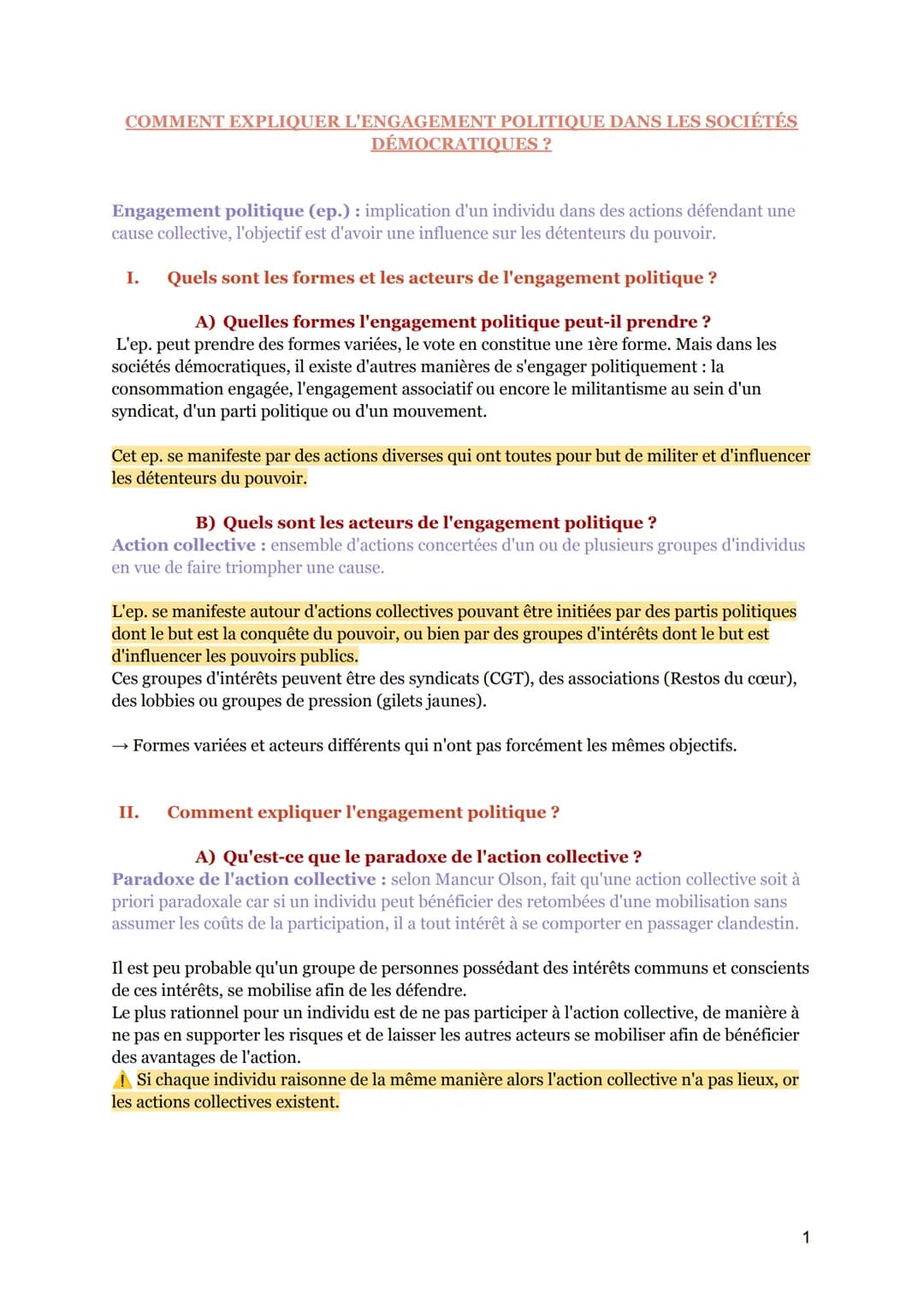 COMMENT EXPLIQUER L'ENGAGEMENT POLITIQUE DANS LES SOCIÉTÉS
DÉMOCRATIQUES ?
Engagement politique (ep.) : implication d'un individu dans des a