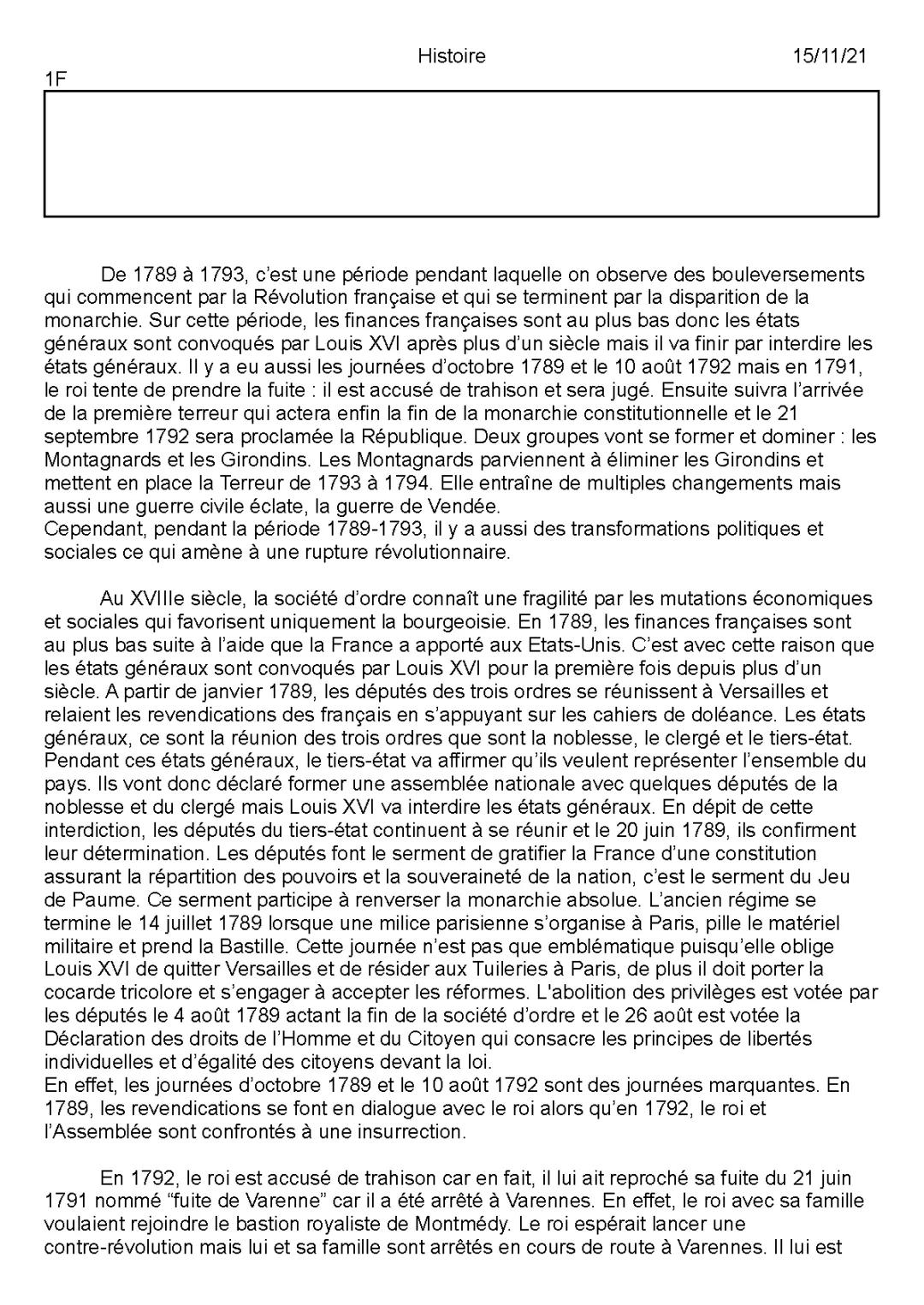 Contrôle corrigé sur la Révolution française et l'Empire: Transformations politiques et sociales de 1789 à 1815