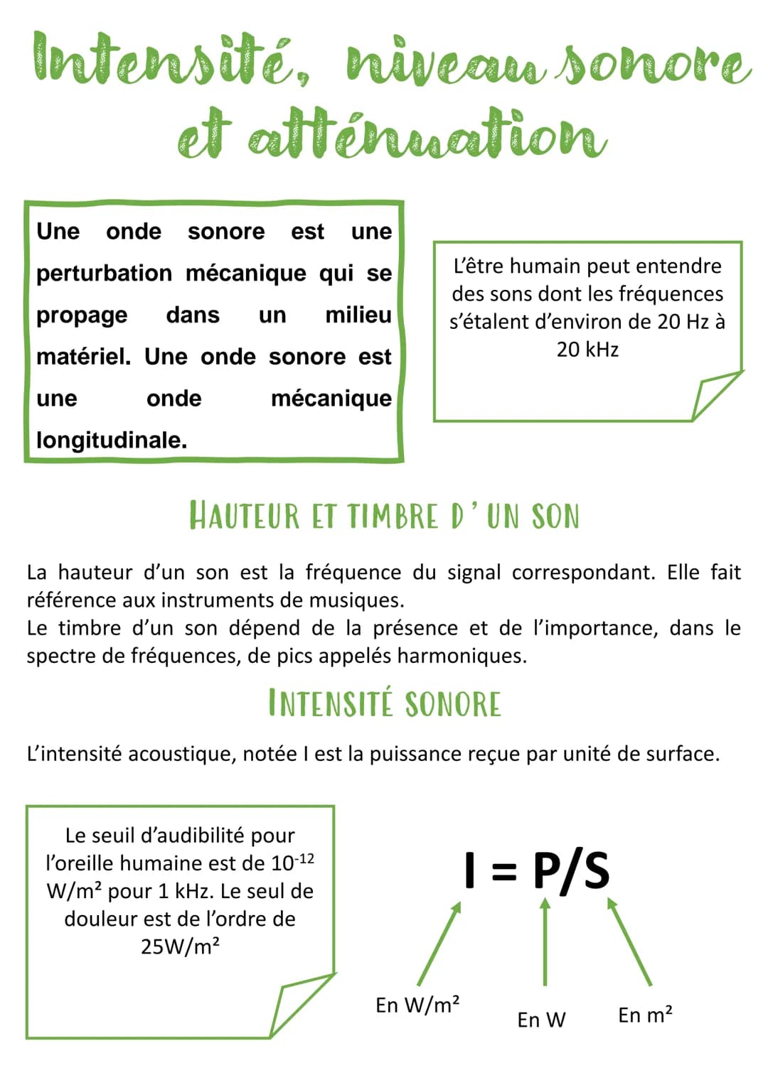 Intensité, niveau sonore
et atténuation
Une onde sonore est une
perturbation mécanique qui se
propage dans un milieu
matériel. Une onde sono