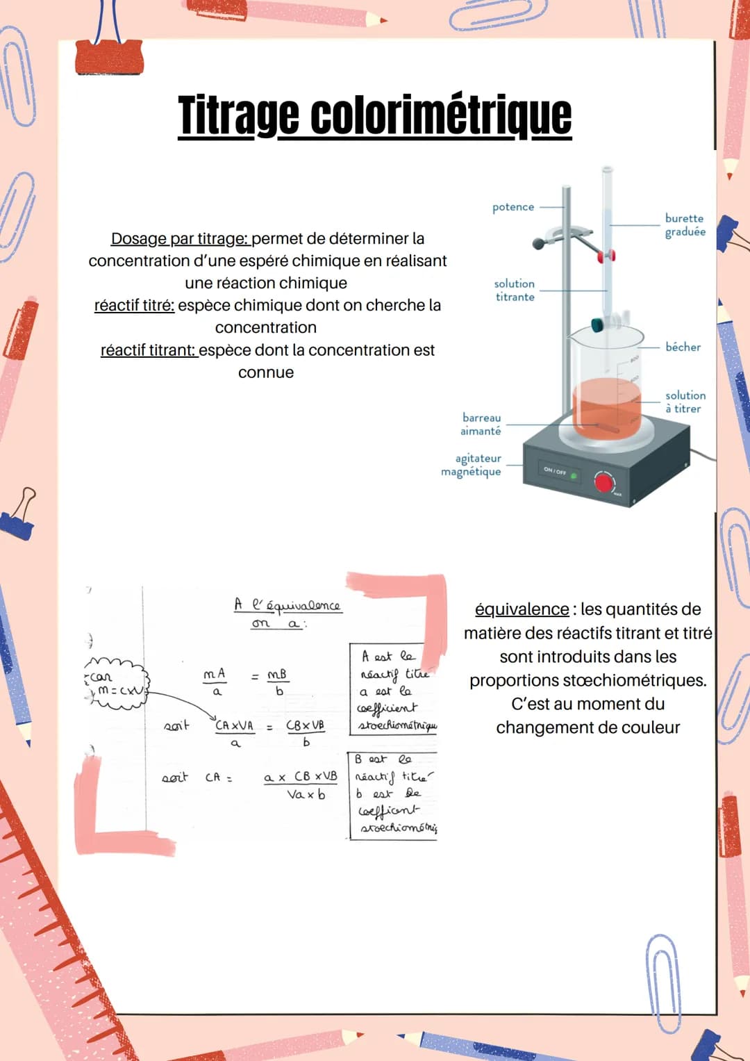 Titrage colorimétrique
Dosage par titrage: permet de déterminer la
concentration d'une espéré chimique en réalisant
une réaction chimique
ré