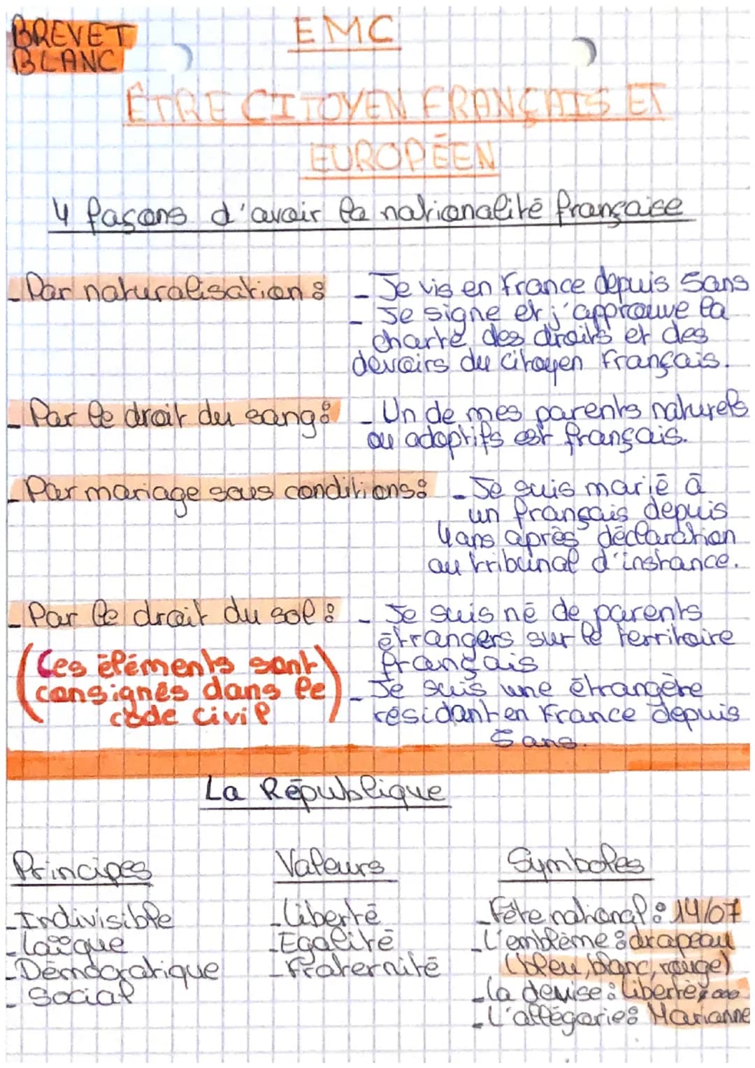 BREVET
BLANC 2
EMC
ETRE CITOYEN FRANÇAIS ET
EUROPEEN
4 façons d'avoir la nationalité française
Dar naturalisation : Je vis en France depuis 