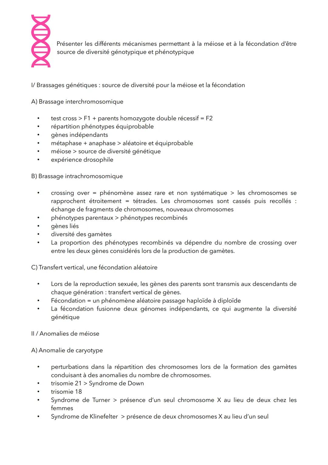 XOXOX
I/ Brassages génétiques : source de diversité pour la méiose et la fécondation
A) Brassage interchromosomique
●
B) Brassage intrachrom
