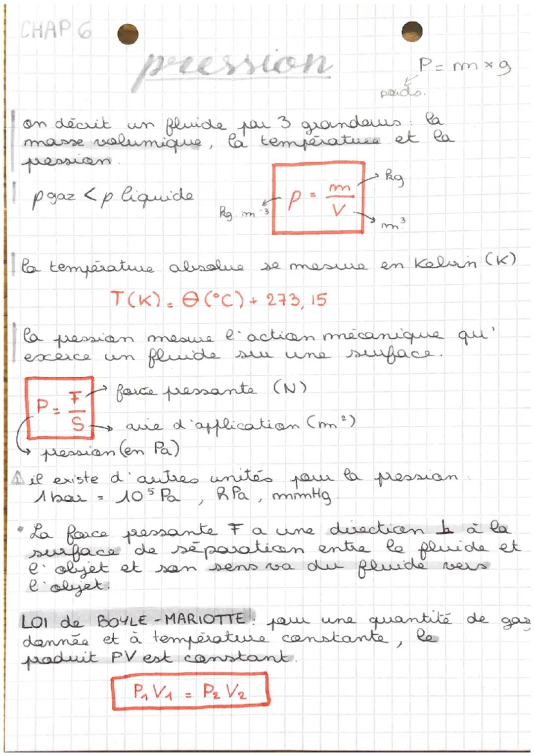 CHAP 6
pression
on décrit
la
un fluide par 3 grandaus
masse volumique, la température et la
pression
Bg
pgaz <p liquide
la
pression mesure
e