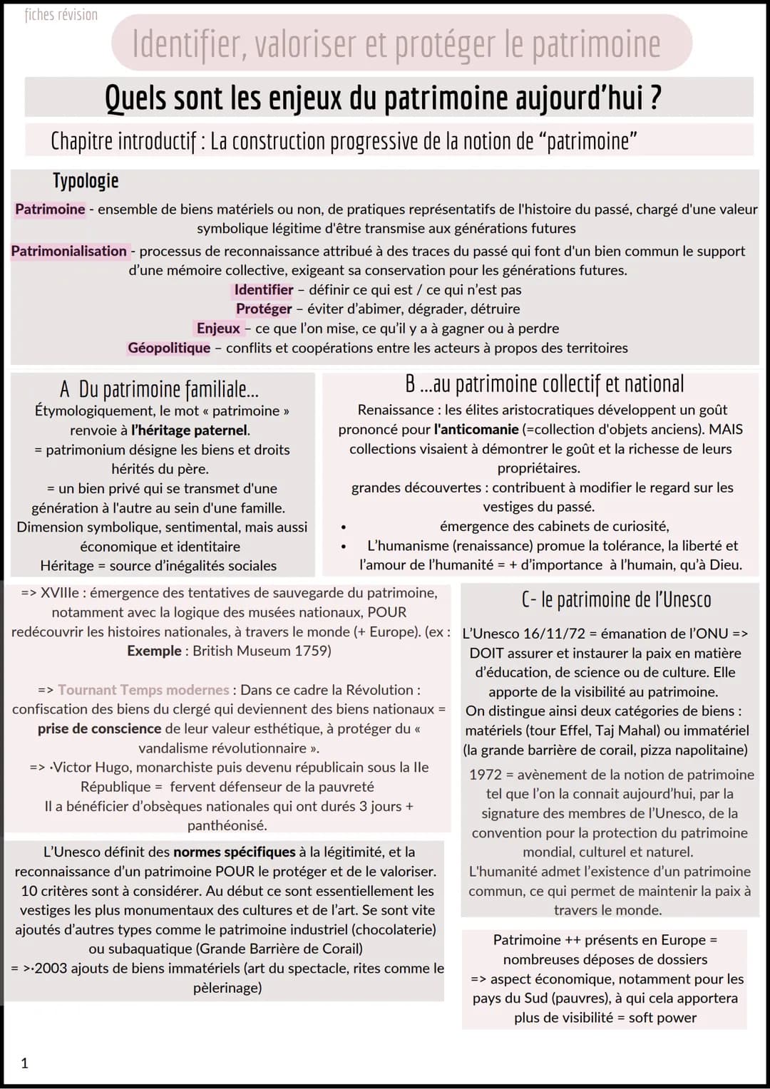 fiches révision
Identifier, valoriser et protéger le patrimoine
Quels sont les enjeux du patrimoine aujourd'hui ?
Chapitre introductif: La c