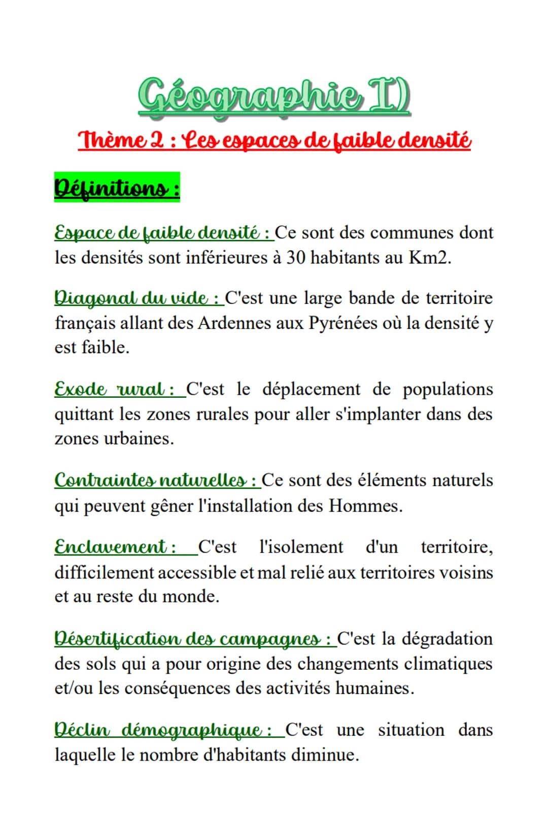 Géographie I)
Thème 2 : Les espaces de faible densité
Définitions :
Espace de faible densité : Ce sont des communes dont
les densités sont i