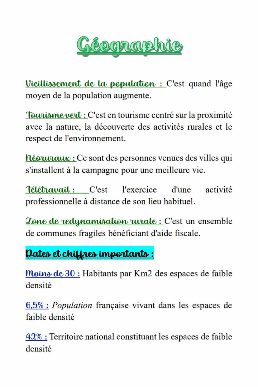 Géographie I)
Thème 2 : Les espaces de faible densité
Définitions :
Espace de faible densité : Ce sont des communes dont
les densités sont i