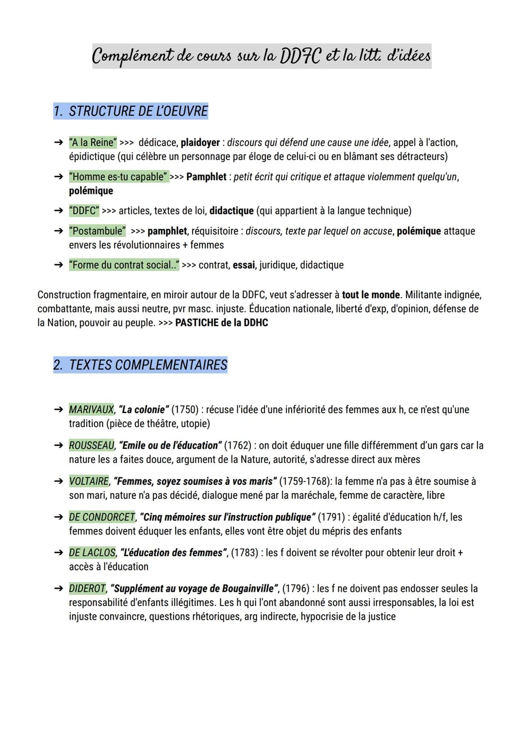 Complément de cours sur la DDFC et la litt. d'idées
1. STRUCTURE DE L'OEUVRE
→ "A la Reine" >>> dédicace, plaidoyer : discours qui défend un