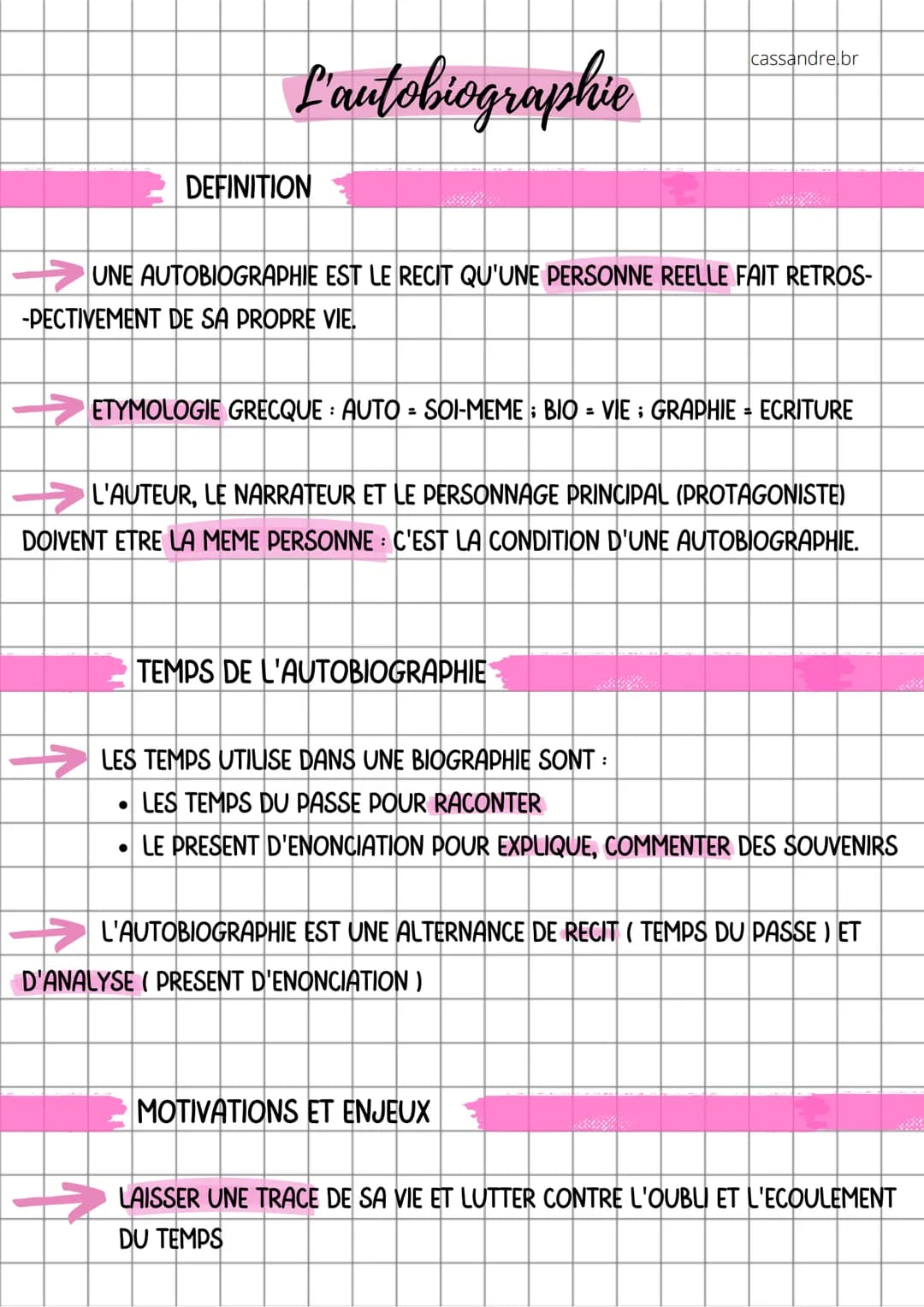 L'autobiographie
→→UNE AUTOBIOGRAPHIE EST LE RECIT QU'UNE PERSONNE REELLE FAIT RETROS-
-PECTIVEMENT DE SA PROPRE VIE.
DEFINITION
cassandre b