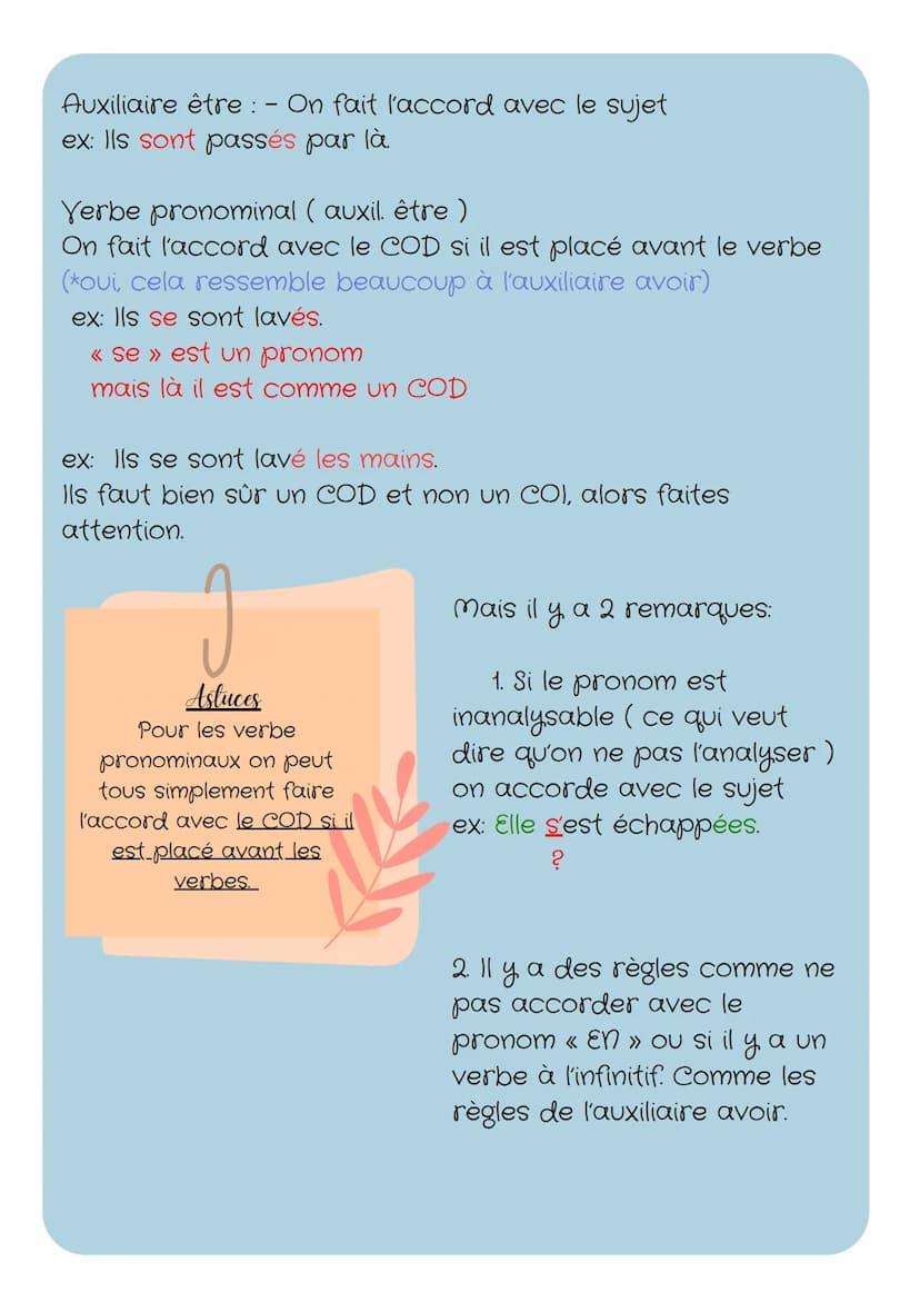 Francais
Les accords du participe passé
Auxiliaire avoir : – Il ne s'accorde pas avec le sujet sauf si
il y a un COD placé avant le verbe.
e