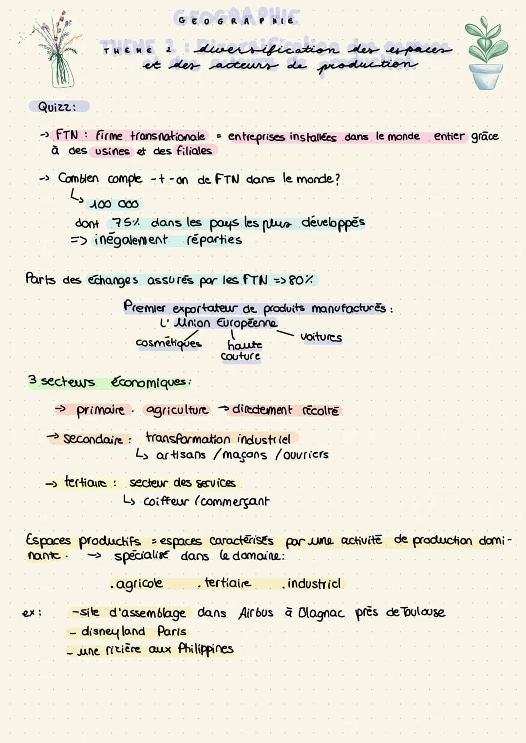 THEHE
GEOGRAPHIE
2 diversification des espaces
et des acteurs de production
Quizz:
-> FTN firme transnationale =
à des usines et des filiale