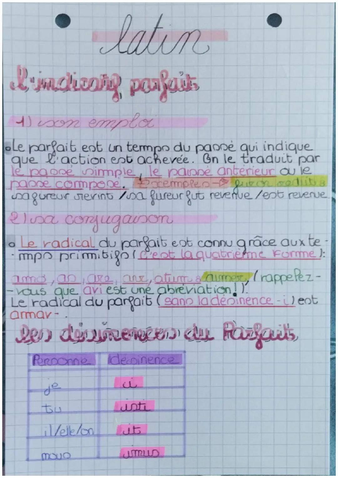 # latin

L'indicang parfait

4) ison emploi

Le parfait est un tempo du passé qui indique
que l'action est achevée. On le traduit par
passé 