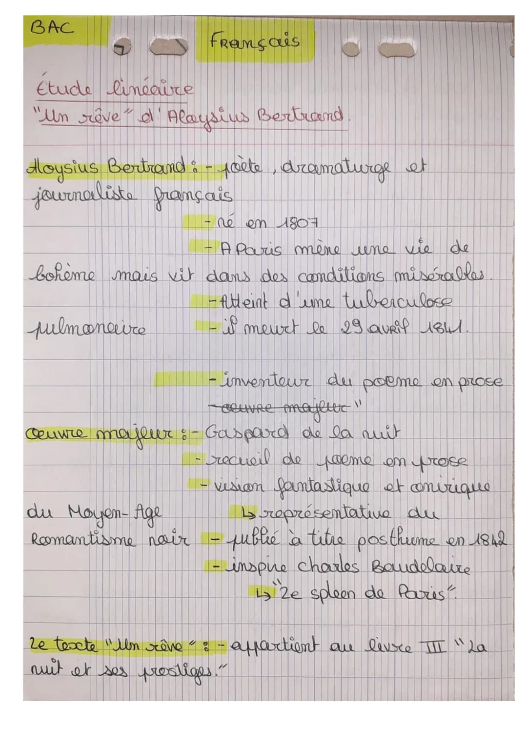 BAC
20 Français
étude linéaire
"Un rêve" d'Alaysius Bertrand
Aloysius Bertrand : - poète, dramaturge et
journaliste français
ne en 1807
- A 