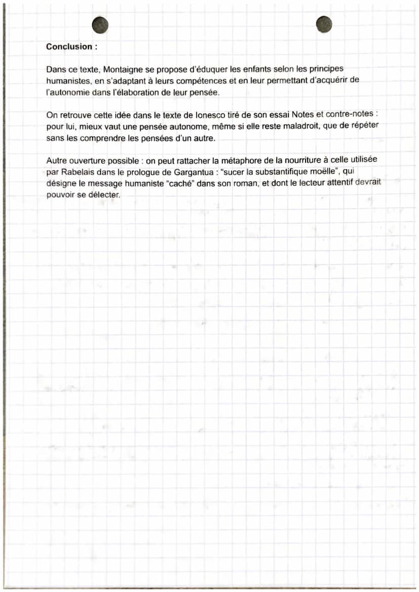 Texte 4: Essais, 1580, "De l'institution des enfants"
Montaigne
Introduction :
-humaniste est une philosophie qui place l'homme et les valeu