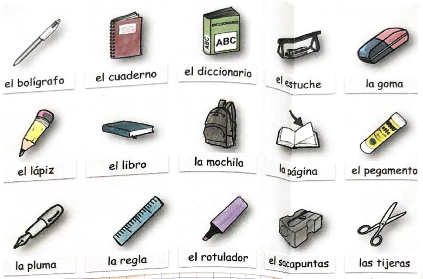 ABC
ABC
el bolígrafo
el cuaderno
el diccionario
el
estuche
la goma
el libro
la mochila
el lápiz
la página
el pegamento
سلسال
of
el rotulador