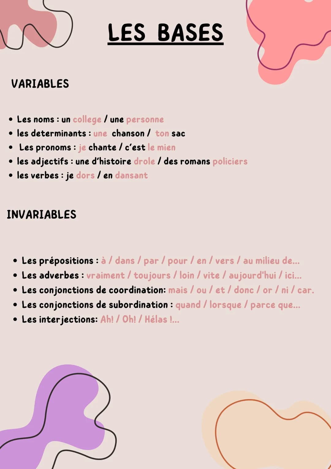 VARIABLES
LES BASES
• Les noms : un college / une personne
• les determinants : une chanson / ton sac
• Les pronoms : je chante / c'est le m