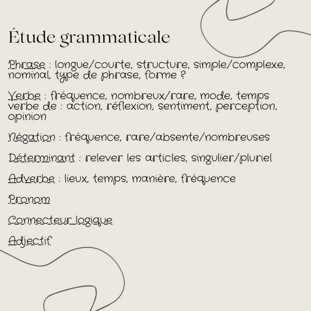 Étude grammaticale
Phrase longue/courte, structure, simple/complexe,
nominal, type de phrase, forme ?
Yerbe: fréquence, nombreux/rare, mode,