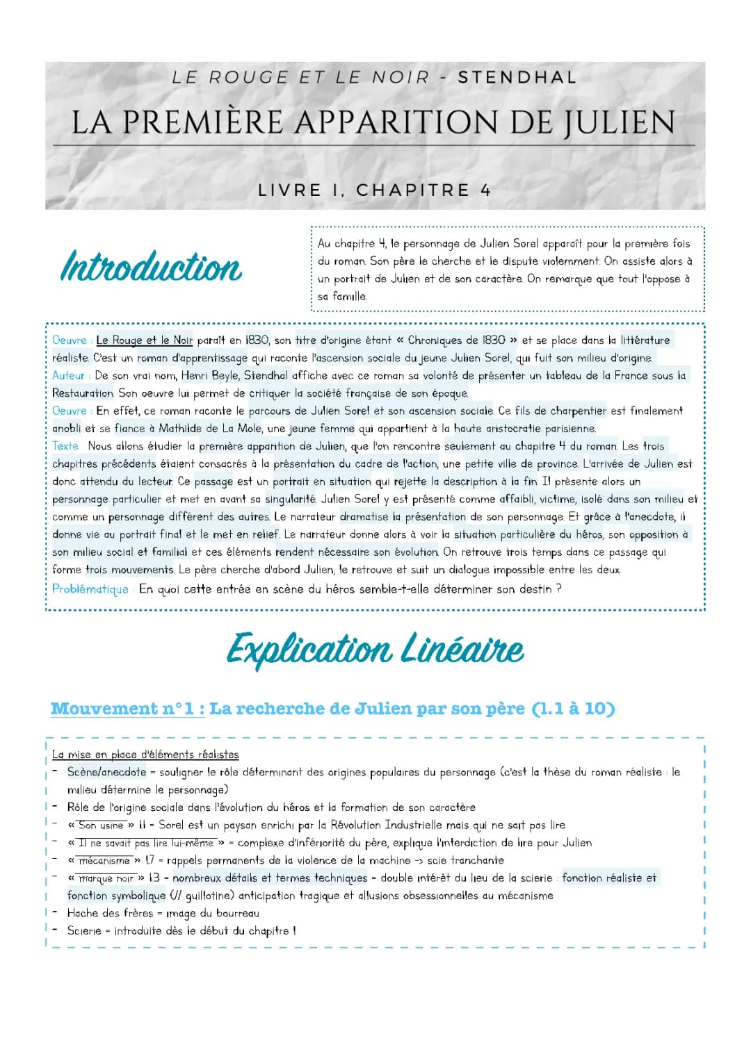 Analyse linéaire Le Rouge et le Noir Julien Sorel et son Père