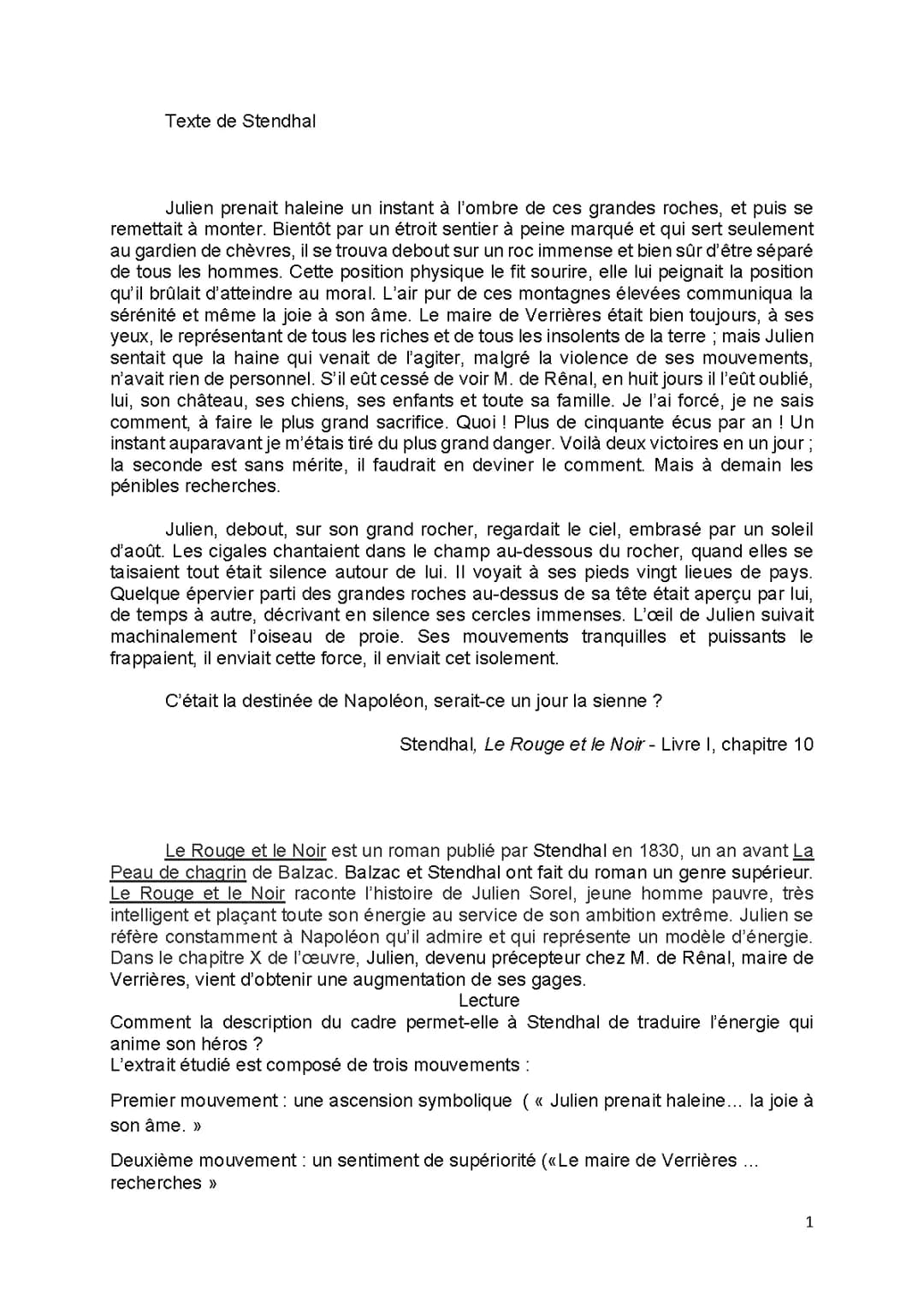 Analyse linéaire Le Rouge et le Noir, Livre 1 chapitre 10