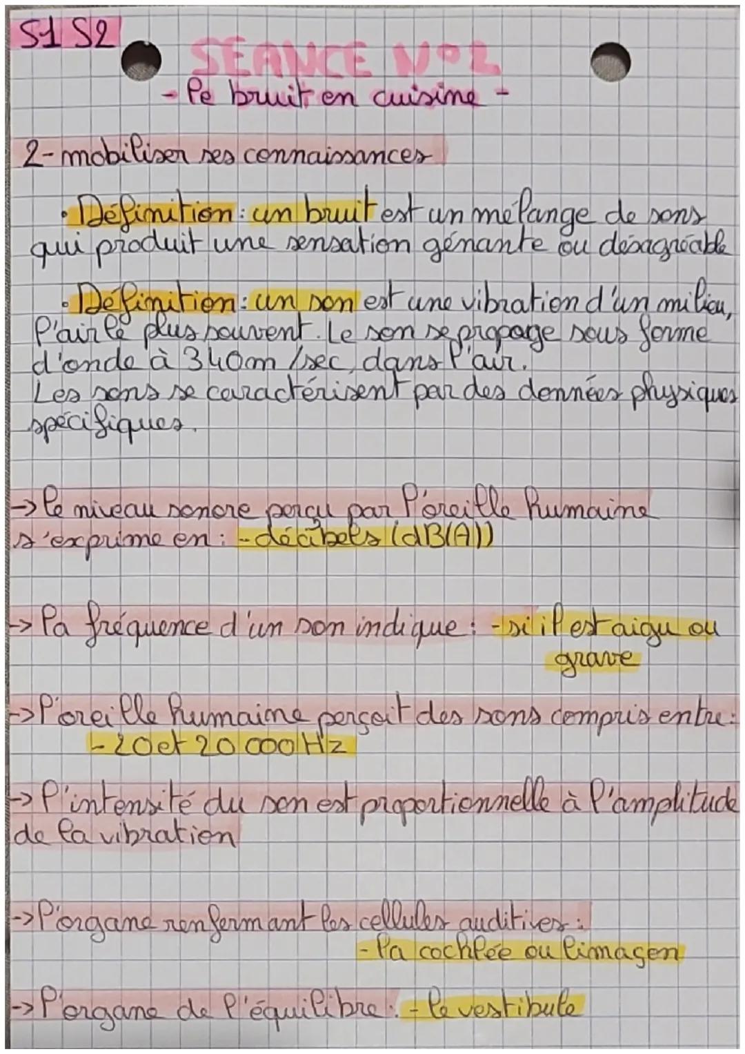 S1 S2
# SEANCE NOL
- Pe bruit en cuisine

2- mobiliser ses connaissances

*   Definition: un bruit est un melange de sons
qui produit une se