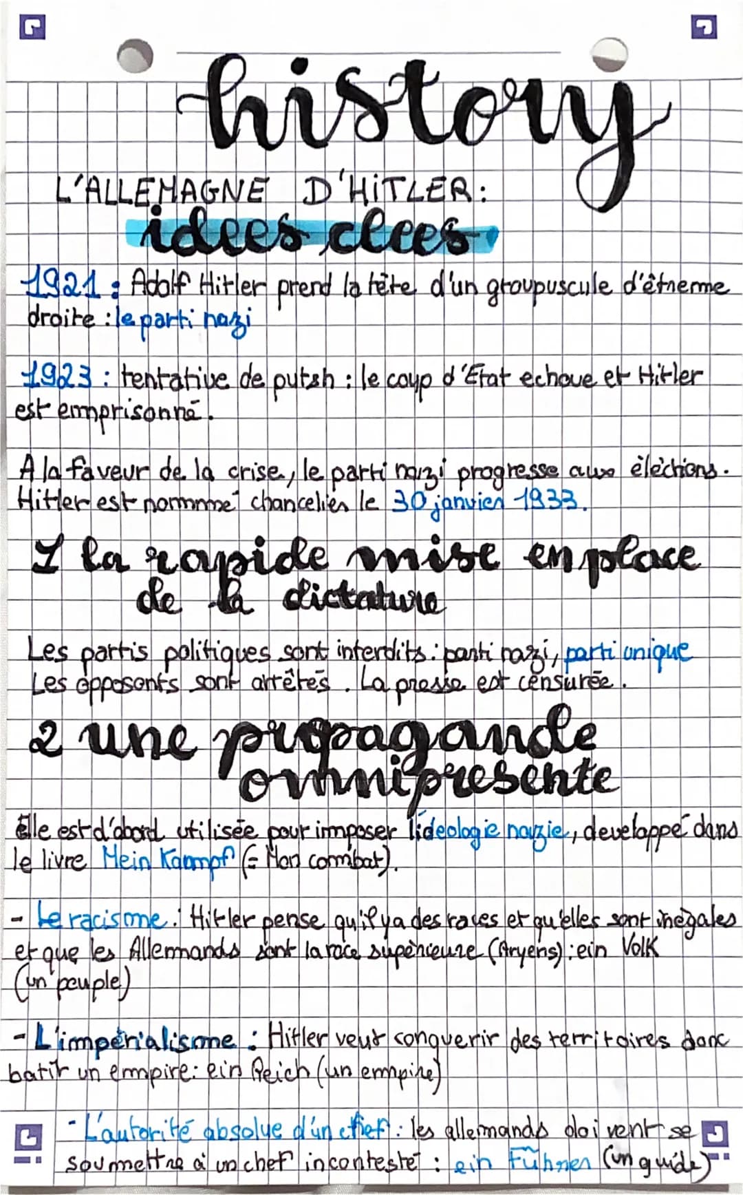 history
L'ALLEMAGNE D'HITLER:
idees clees
1921: Adolf Hitler prend la tête d'un groupuscule d'étnerme
droite : le parti nazi
1923: tentative