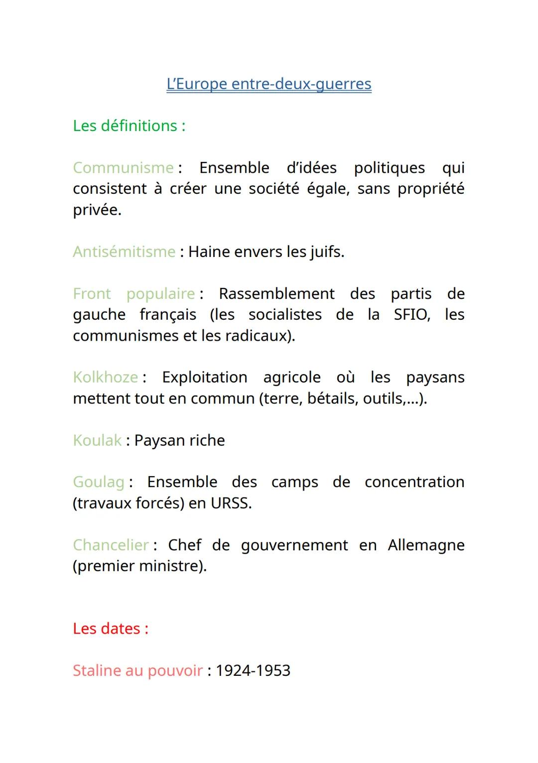 L'Europe entre-deux-guerres
Les définitions:
Communisme: Ensemble d'idées politiques qui
consistent à créer une société égale, sans propriét