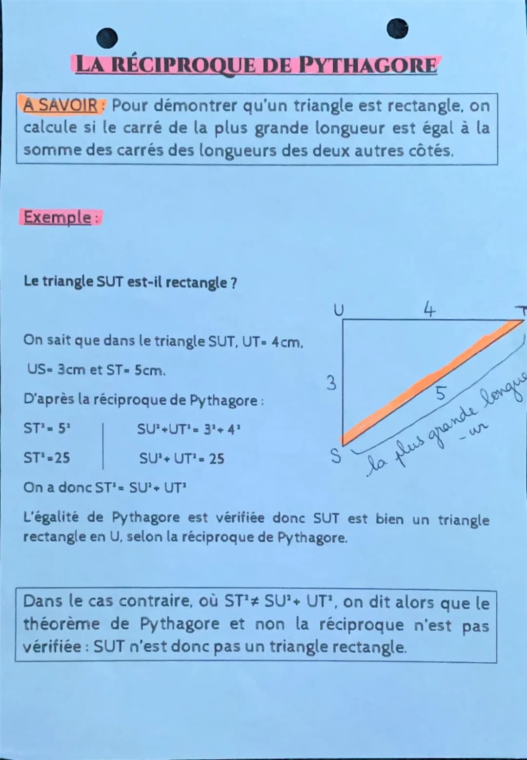 # LA RÉCIPROQUE DE PYTHAGORE

A SAVOIR: Pour démontrer qu'un triangle est rectangle, on
calcule si le carré de la plus grande longueur est é