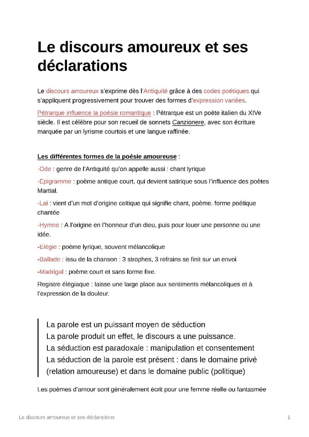 Discours et Poèmes d'Amour : Antiquité à Ronsard