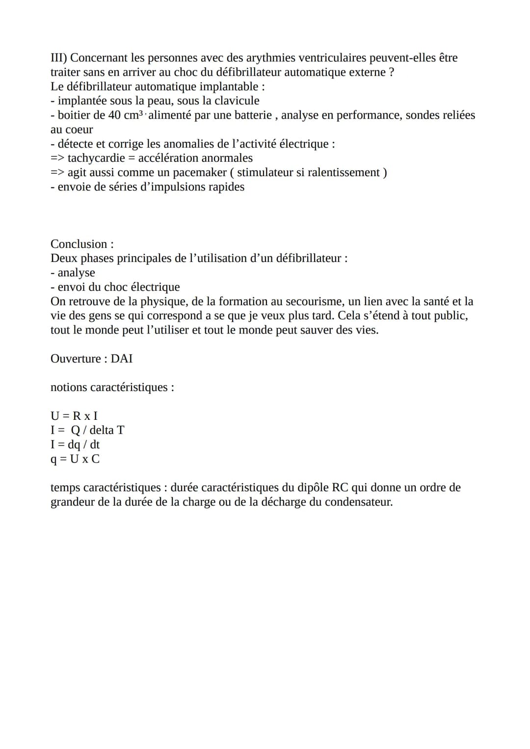 Plan détaillé grand oral physique chimie
I) Analyse du rythme cardiaque
II) Envoi du choc électrique
III) Cas du défibrillateur implantable
