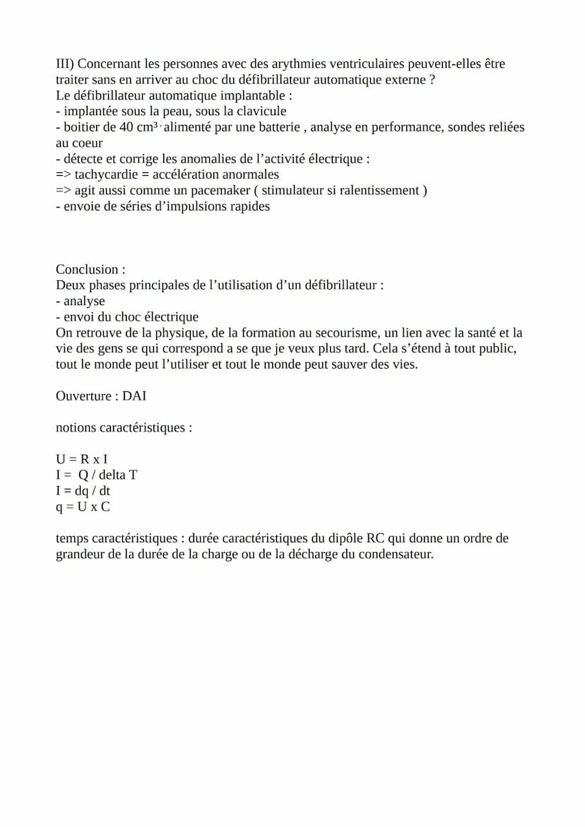 Plan détaillé grand oral physique chimie
I) Analyse du rythme cardiaque
II) Envoi du choc électrique
III) Cas du défibrillateur implantable
