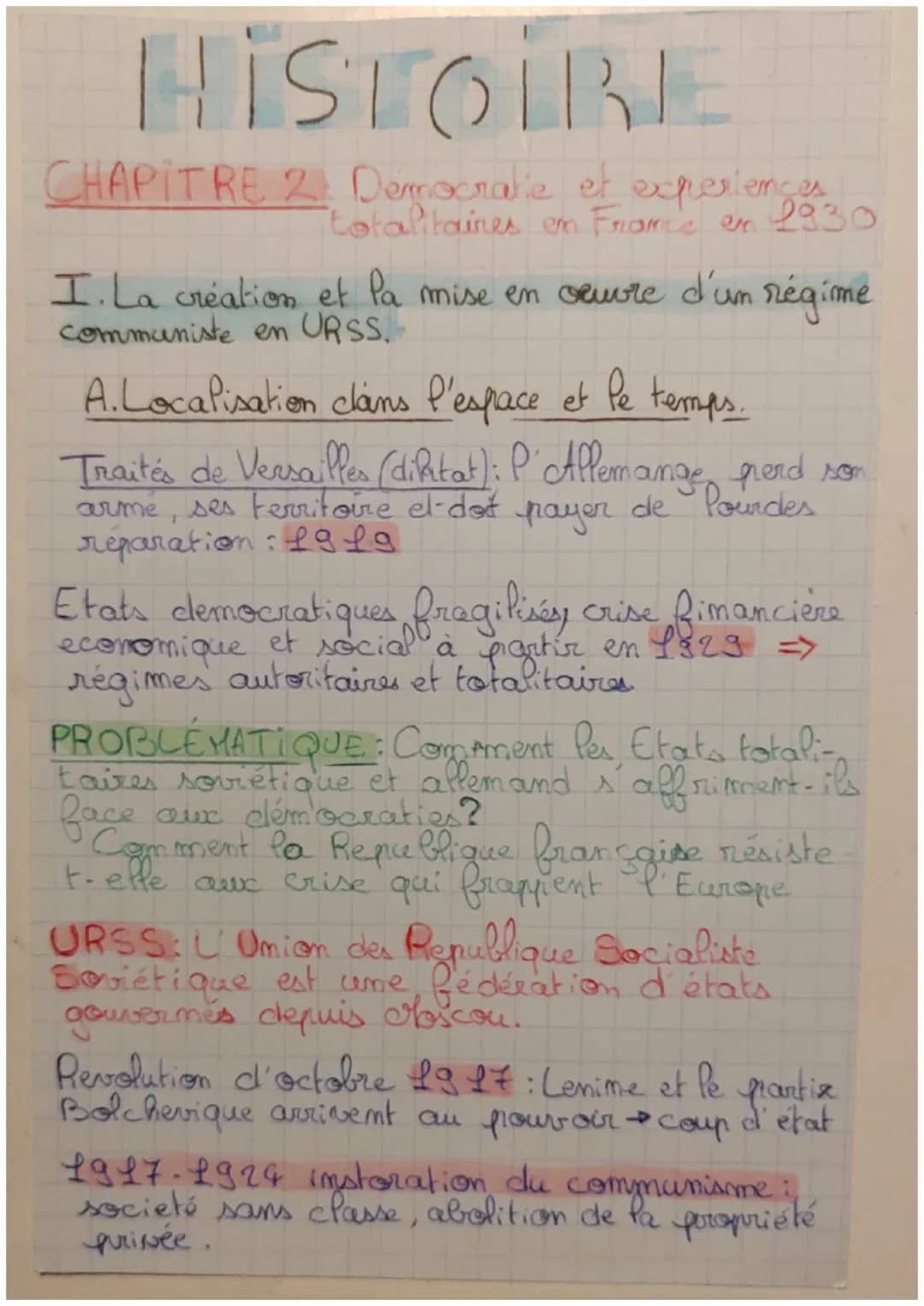 HISTOIRE
CHAPITRE 2 Democratie et experiences
totalitaines en France en 1930
I. La création et la mise en oeuvre d'un régime
communiste en U