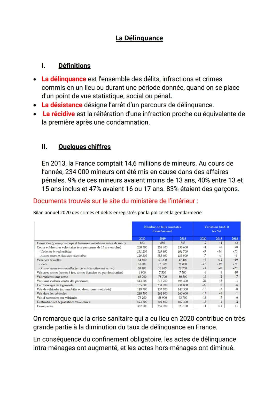 ●
I.
Définitions
La délinquance est l'ensemble des délits, infractions et crimes
commis en un lieu ou durant une période donnée, quand on se