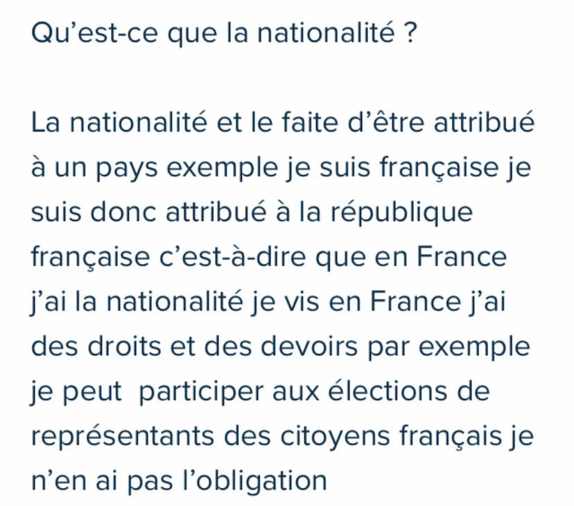 Qu'est-ce que la nationalité ?
La nationalité et le faite d'être attribué
à un pays exemple je suis française je
suis donc attribué à la rép