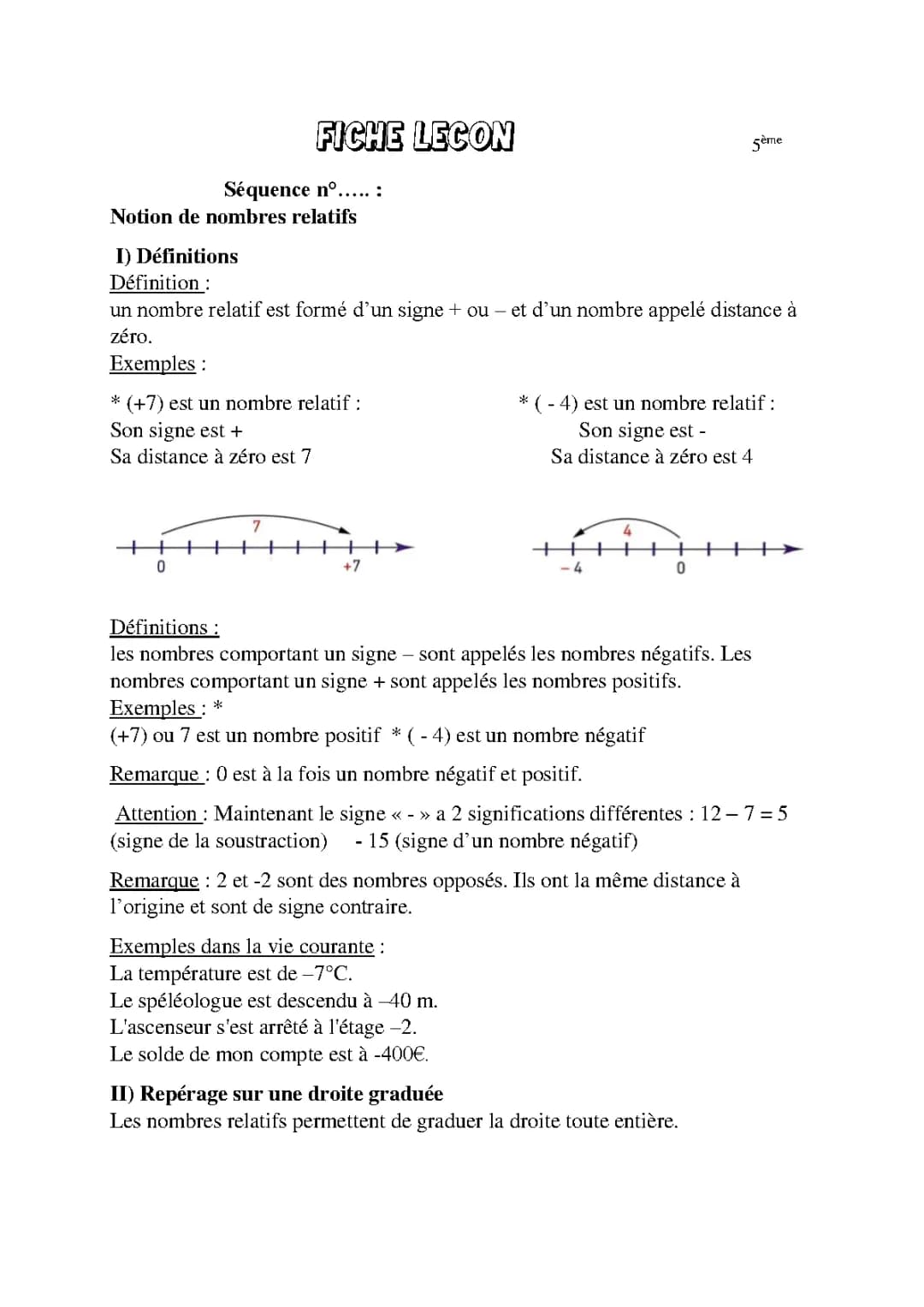 Évaluation Nombres Relatifs 5ème et 3ème avec PDF et Corrigés
