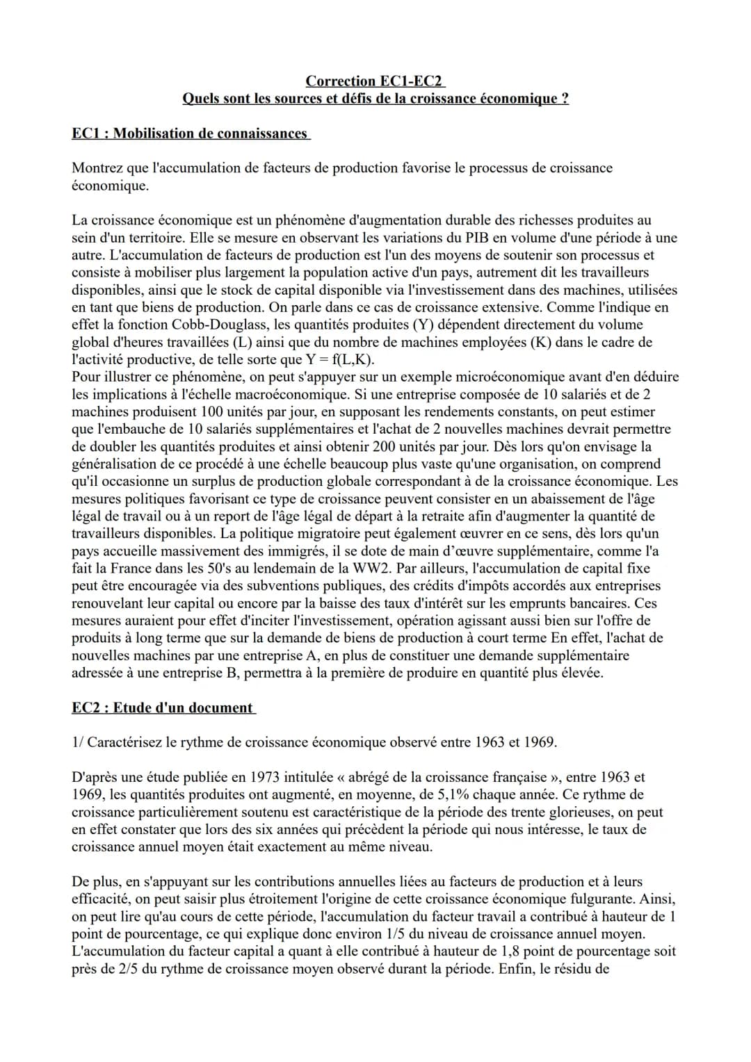 Correction EC1-EC2
Quels sont les sources et défis de la croissance économique ?
EC1 Mobilisation de connaissances
Montrez que l'accumulatio